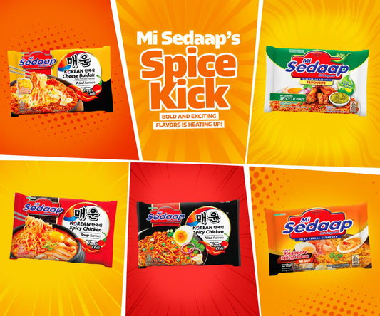 Mi Sedaap Spice Kick promo featuring Korean Cheese Buldak, Spicy Chicken, Spicy Chicken Fried Ramen, Spicy Laksa, and Spicy Ciylicious flavors.