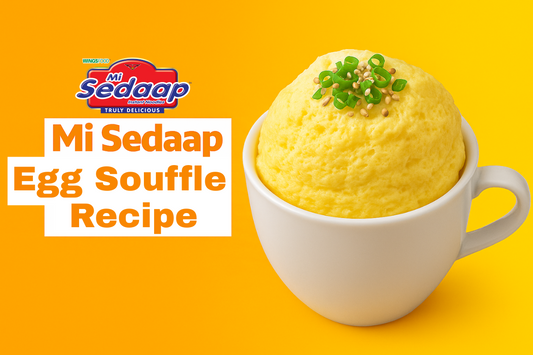 Bright yellow background featuring a Mi Sedaap Egg Souffle served in a white cup, topped with green onions and sesame seeds.