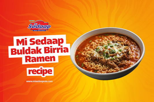 Mi Sedaap Buldak Birria ramen bowl with shredded beef and melted cheese on orange background.