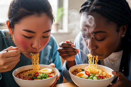 Two people enjoying steaming bowls of ramen topped with egg, chili, and green onions.