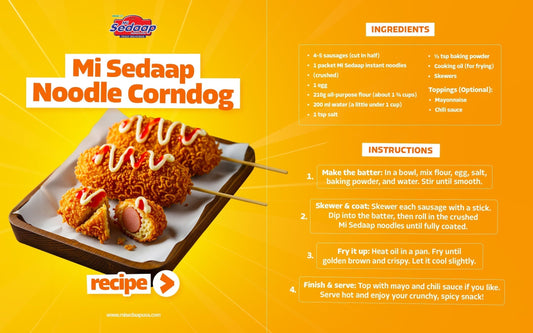 Mi Sedaap Noodle Corndog recipe with crispy noodle-coated corndogs topped with mayo and chili sauce.