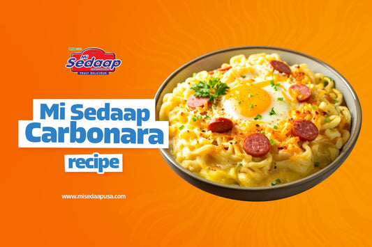 Mi Sedaap carbonara noodles topped with egg, sausage slices, cheese, and parsley.
