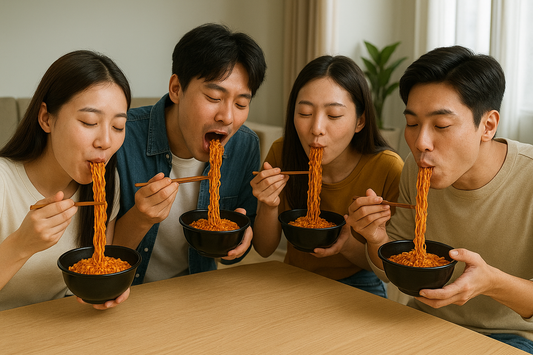 Four young adults enjoying bowls of spicy instant noodles together at a table.