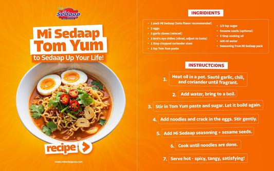 Mi Sedaap Tom Yum noodles with boiled eggs, chili, and coriander, shown with recipe ingredients and instructions.