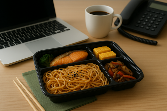 Japanese bento box with noodles, salmon, tamago, and vegetables on office desk with laptop, phone, and coffee.