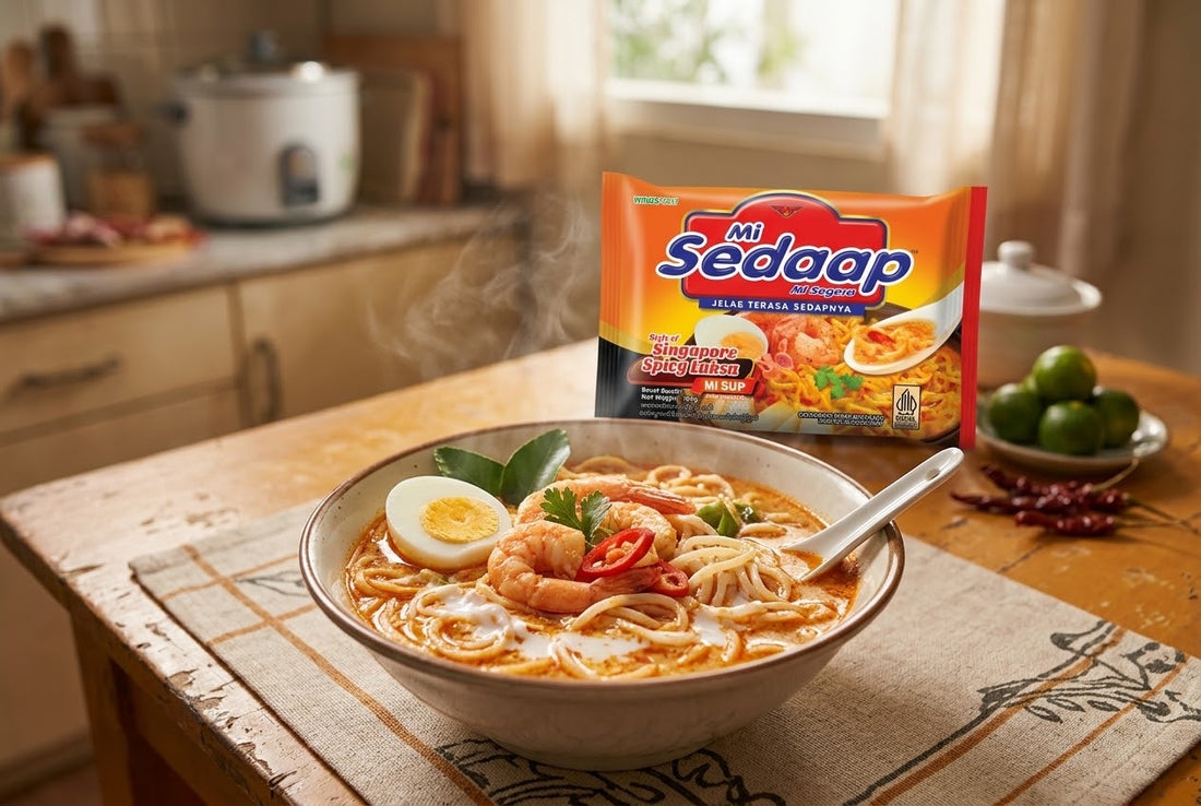Steaming bowl of Mi Sedaap Singaporean Spicy Laksa with shrimp, boiled egg, and herbs, next to the product packet in a kitchen.
