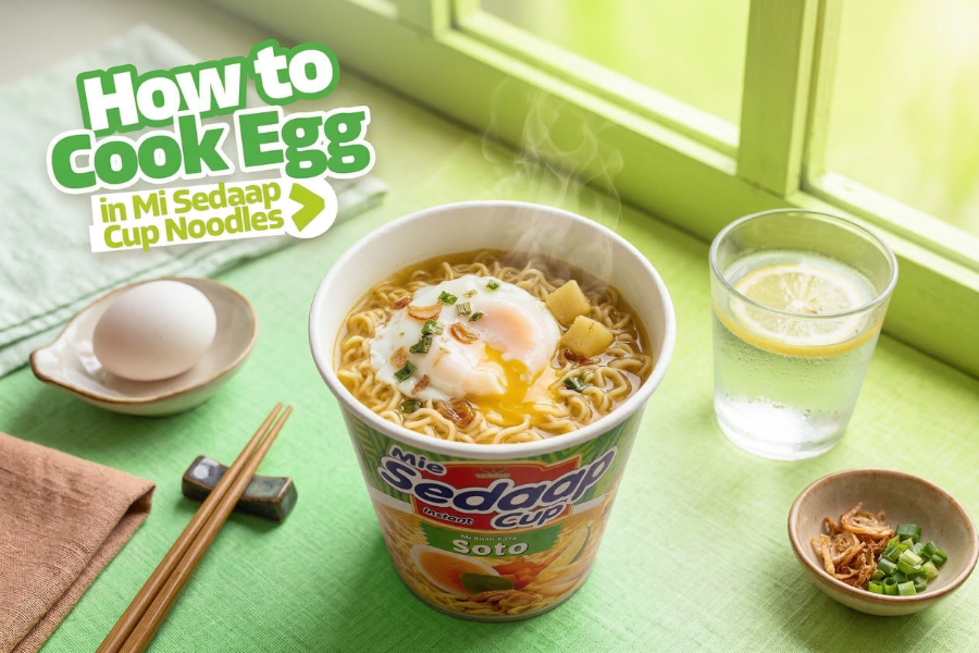 Mi Sedaap Soto cup noodles with soft egg on top served on a green table with chopsticks and lemon water.