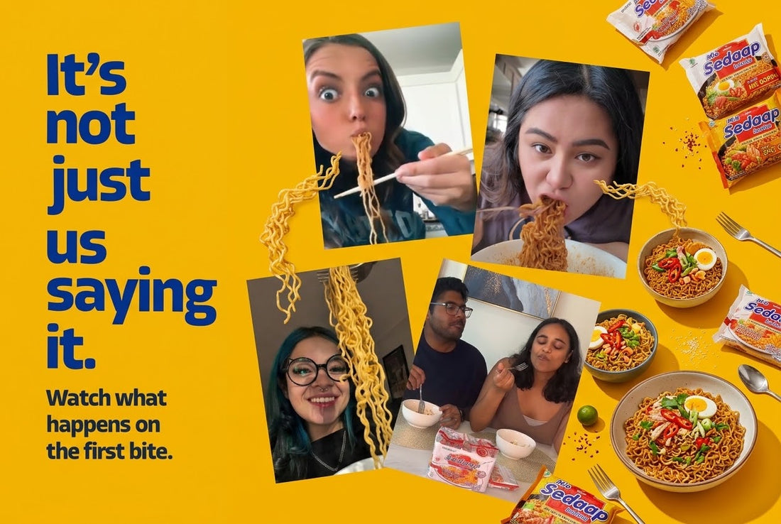 Yellow collage of people reacting to their first bite of Mi Sedaap noodles, surrounded by product packets and bowls of noodles.