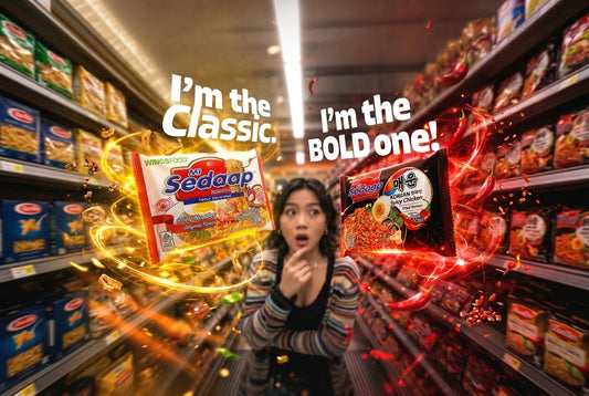 Woman looking surprised in a grocery aisle with two floating Mi Sedaap packets, Original Fried Noodles and Korean Spicy Chicken, in swirling effects.