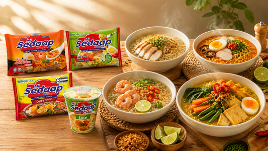 bowls of Mi Sedaap soup noodles arranged on a neutral background, featuring Soto Mie with golden broth and lime, Singaporean Spicy Laksa with creamy orange broth, and Korean Spicy Chicken