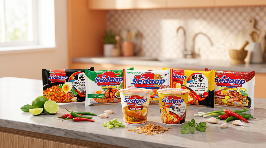 A variety of Mi Sedaap dry noodle flavors arranged on a table, featuring cooked mie goreng noodles with toppings like fried egg, lime, green onions, and chili.