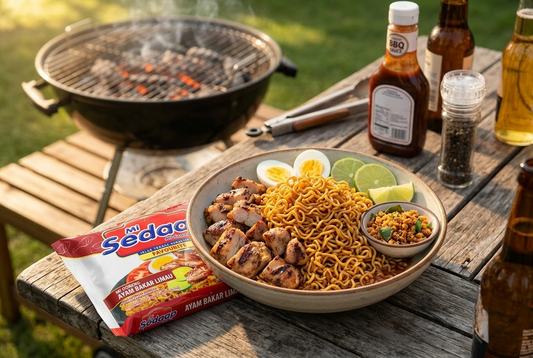 Bowl of grilled chicken and ramen noodles with egg, lime, and crispy shallots, beside a Mi Sedaap packet and a smoking grill.