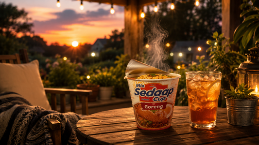 A warm summer porch at golden hour featuring a cup of Mi Sedaap Original Fried noodles on a wooden table