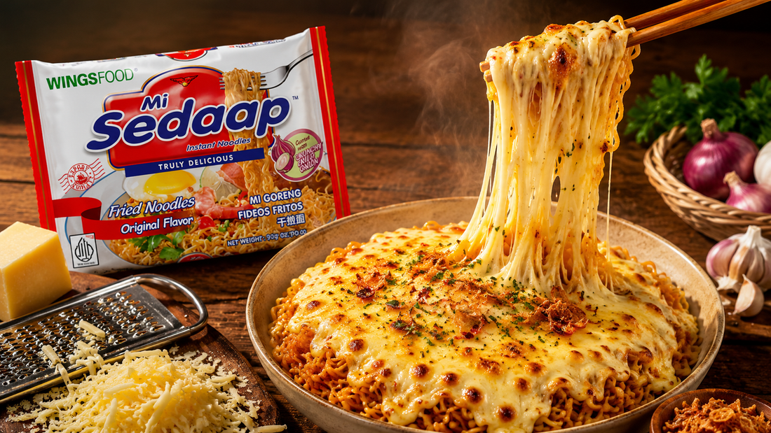 cheesy Mi Sedaap Original Fried Noodles topped with melted mozzarella