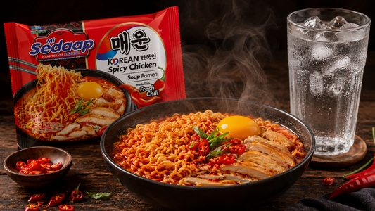 Mi Sedaap Korean Spicy Chicken noodles sits on a table beside a frosty glass of iced water