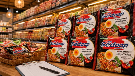 A category comparison graphic for Mi Sedaap, Indomie, and Samyang instant noodle brands for US retail buyers.