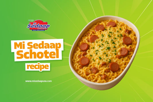 Mi Sedaap schotel recipe featuring baked noodles with cheese, sausage slices, and parsley.