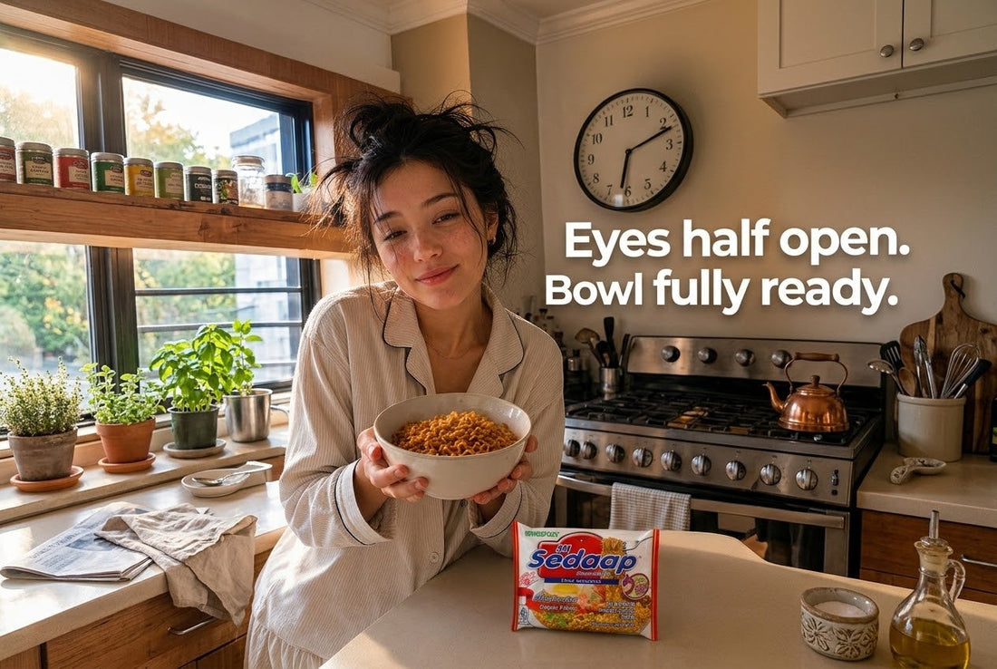 Woman in pajamas holding a bowl of Mi Sedaap Original Fried Noodles in a kitchen, with the packet on the counter.