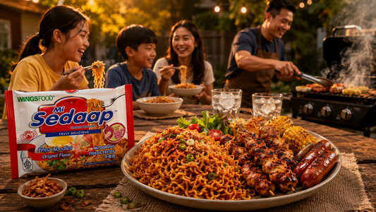 large serving platter of Mi Sedaap Original Fried Noodles topped with crispy fried onions, green onions, eggs, and BBQ sides, served at an outdoor Father’s Day cookout.