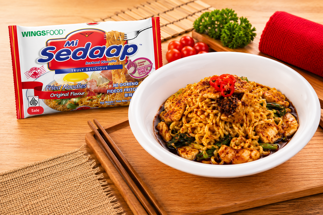 A package of Mi Sedaap Goreng (Original Flavor) instant noodles next to a freshly cooked bowl of fried noodles topped with chicken pieces, green vegetables, and sliced red chili on a wooden table.