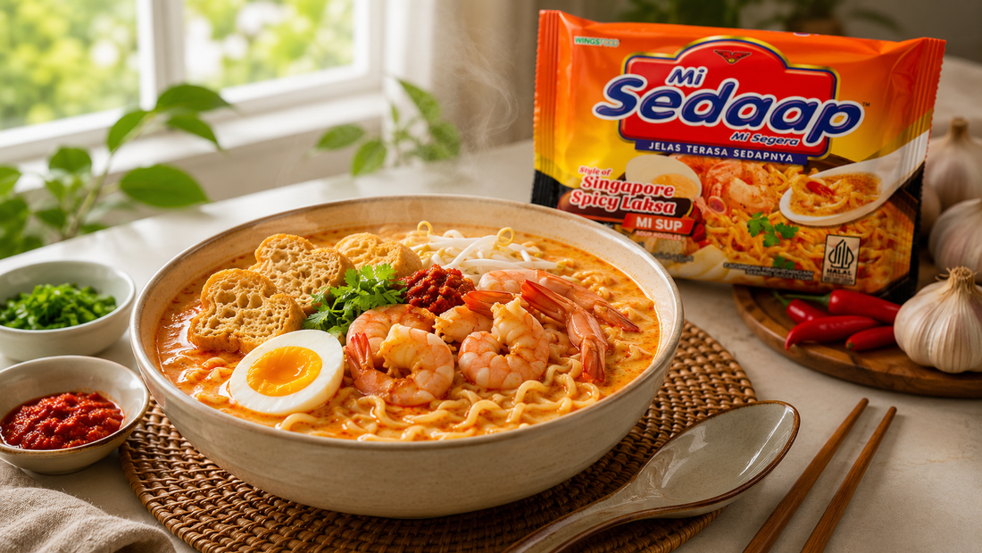 A pack of Mi Sedaap Singapore Spicy Laksa noodles next to a prepared bowl of laksa soup with prawns and egg toppings.