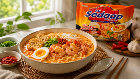 A pack of Mi Sedaap Singapore Spicy Laksa noodles next to a prepared bowl of laksa soup with prawns and egg toppings.