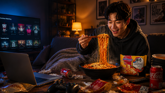 A young man happily lifts a large mouthful of cheesy noodles with chopsticks from a steaming bowl, sitting in a dimly lit room with a TV streaming shows in the background and a pack of Mi Sedaap Korean Cheese Buldak on the table.