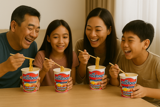 Happy family enjoying Mi Sedaap instant noodles together at the table, smiling and using chopsticks with noodle cups.