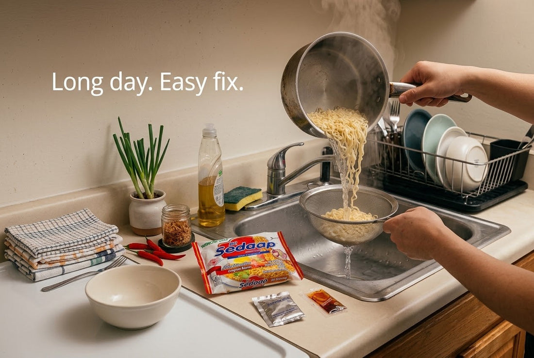 Hands straining cooked noodles into a colander at a kitchen sink, with a Mi Sedaap Original Fried packet and seasoning sachets on the counter.