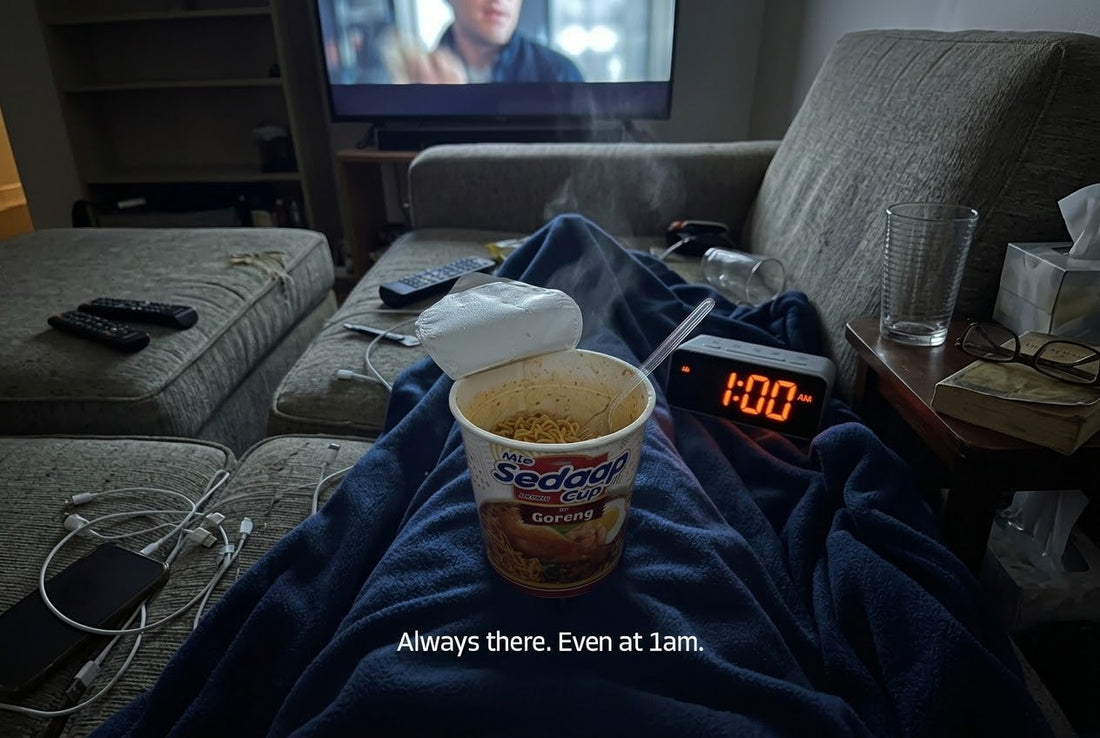 Steaming cup of Mi Sedaap Original Fried noodles on a blanket beside a bedside clock reading 1:00 AM, with a TV playing in the background.
