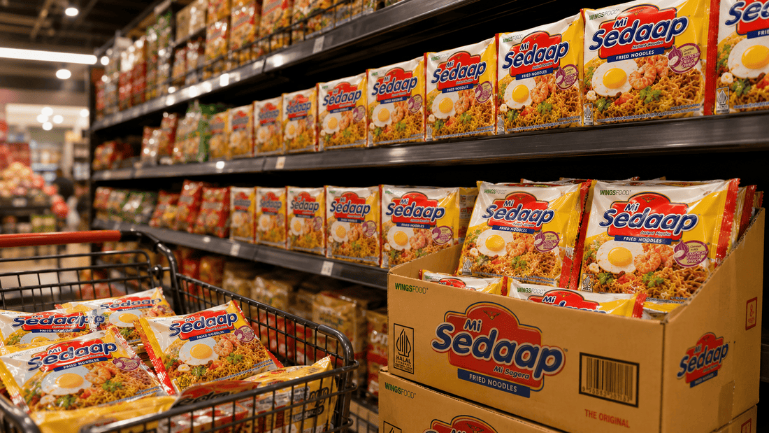 Grocery store shelves and a shopping cart stocked with Mi Sedaap Fried Noodles packets, with a branded case box in the foreground.