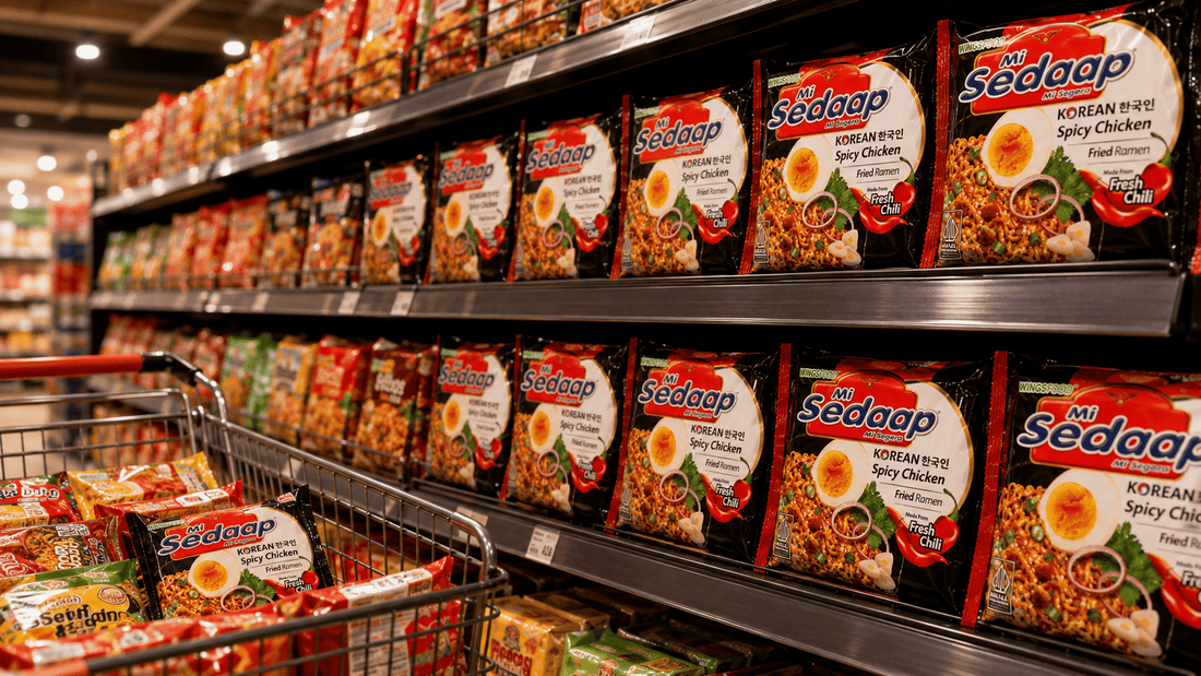 Grocery shelves and a shopping cart stocked with Mi Sedaap Korean Spicy Chicken noodle packets labeled halal certified.