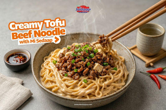 Bowl of creamy tofu beef noodle made with Mi Sedaap