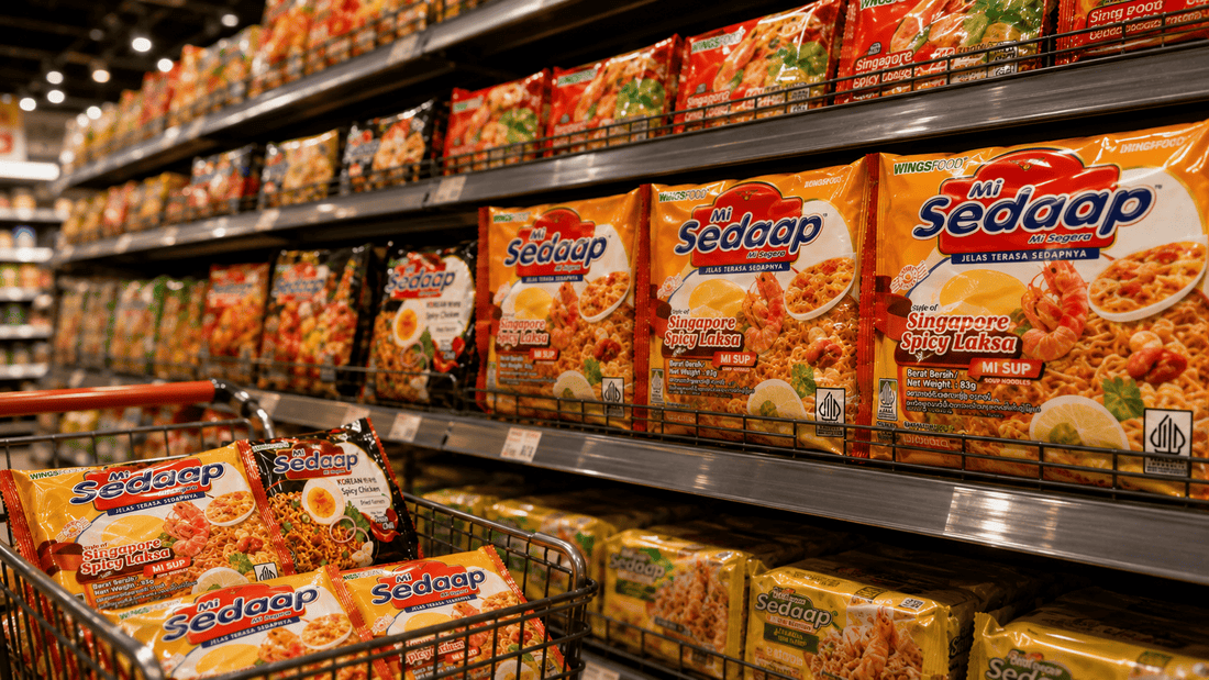 Grocery shelves and a shopping cart stocked with Mi Sedaap Singaporean Spicy Laksa and Korean Spicy Chicken noodle packets.