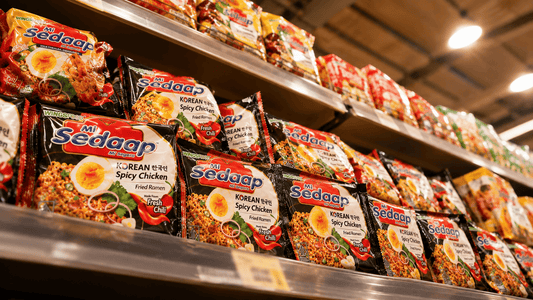 Grocery store shelf stocked with rows of Mi Sedaap Korean Spicy Chicken fried ramen packets in red and black packaging.
