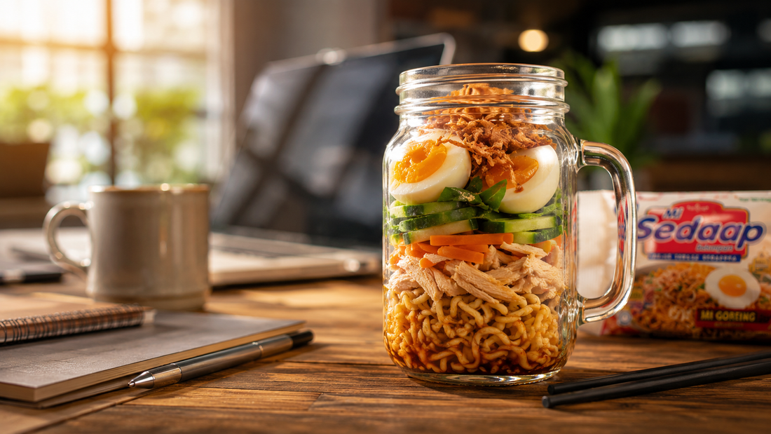 A clear glass mason jar mug neatly layered with instant fried noodles, shredded chicken, carrots, cucumber slices, a hard-boiled egg, and fried shallots, sitting on a work desk next to a pack of Mi Sedaap.