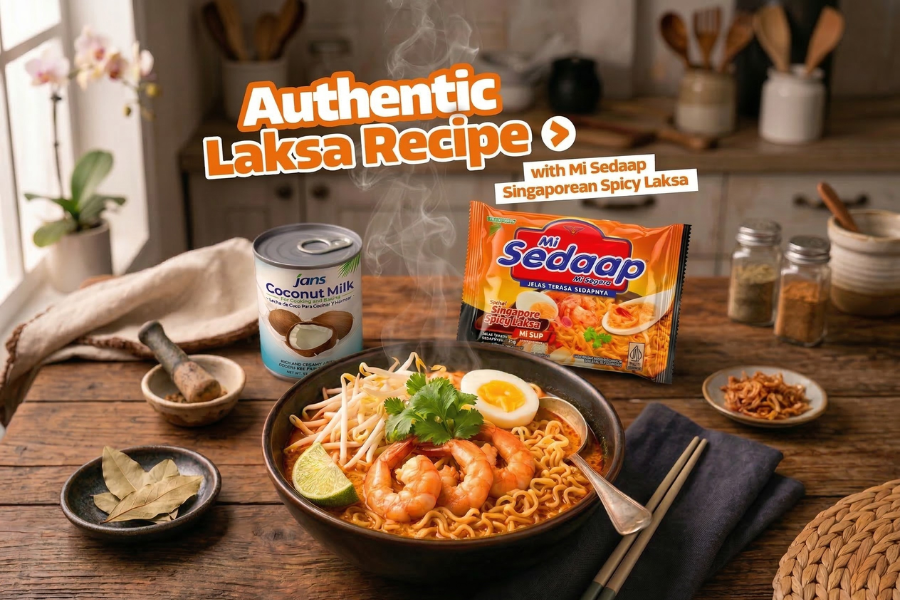 Bowl of Mi Sedaap Singaporean Laksa with Jans Coconut Milk
