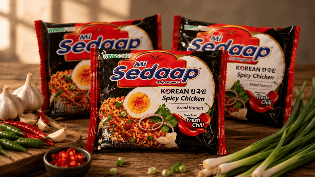 Three packages of Mi Sedaap Korean Spicy Chicken fried ramen on a wood table with garlic, chilies, and scallions.