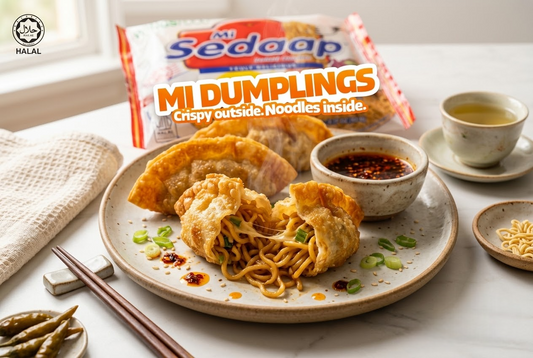 Crispy fried noodle dumplings made with Mi Sedaap Original Fried Noodles, pulled open to show noodles inside, with chili soy dip.