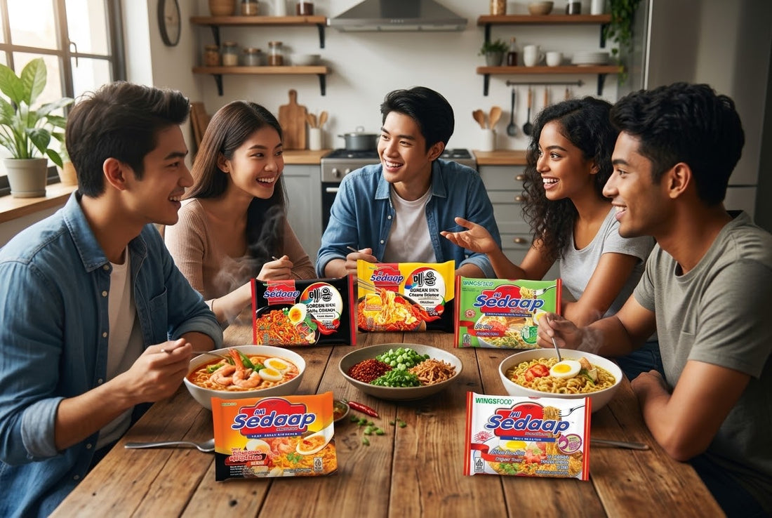 A group of five friends chatting and smiling around a wooden dining table, with five different packs of Mi Sedaap instant noodles and prepared bowls of noodles placed in front of them.