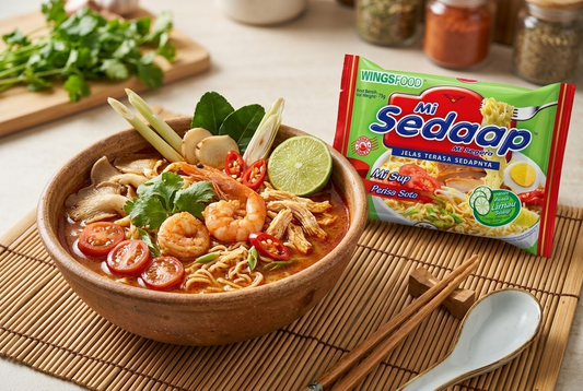 Bowl of tom yum soto noodle soup with shrimp, chicken, tomatoes, chili, and lime, beside a Mi Sedaap Soto packet, chopsticks, and a spoon.