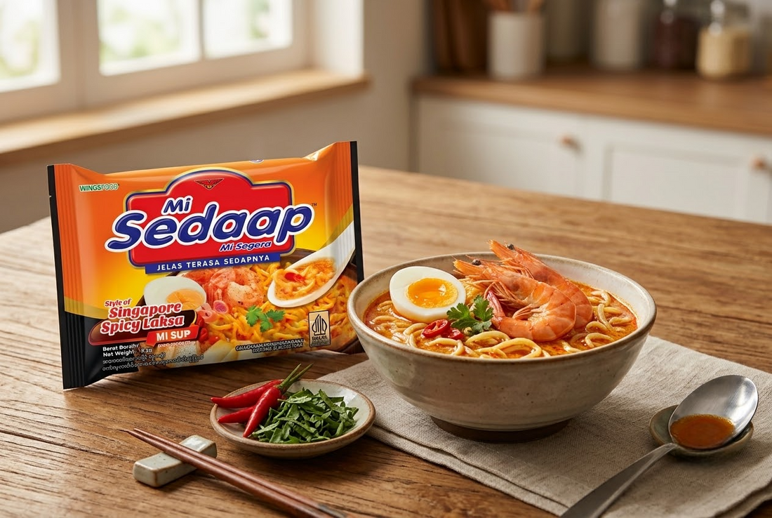 Bowl of Mi Sedaap Singaporean Spicy Laksa noodle soup with shrimp and egg, beside the packet, chopsticks, and a dish of chili and herbs.