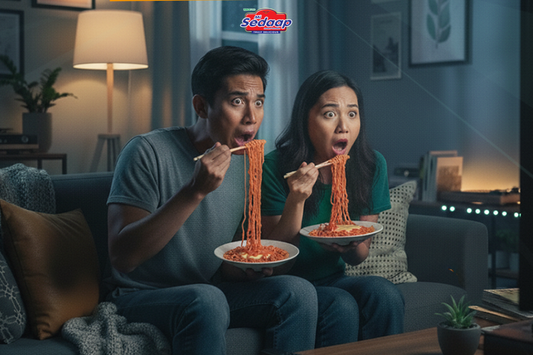 Two people excitedly eating spicy Mi Sedaap noodles while watching TV on a couch.