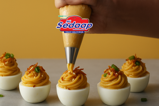 A promotional image of a hand piping Mi Sedaap into deviled eggs, with fried onion and green onion garnishes, against a yellow background.
