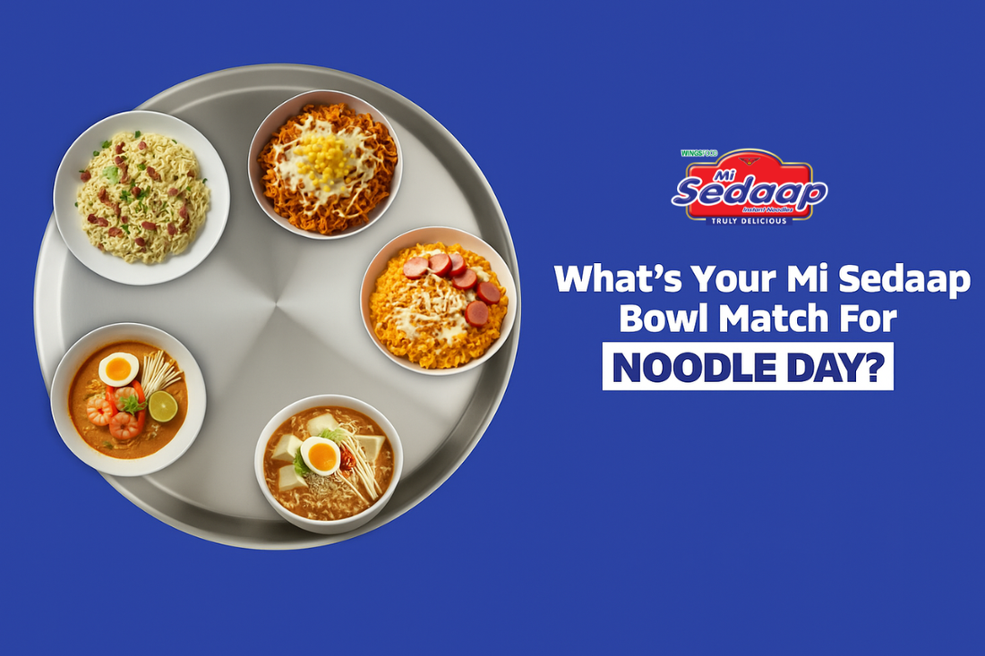 Five Mi Sedaap noodle bowls on a tray with text celebrating Noodle Day.