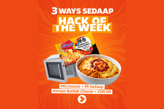 Mi Sedaap Korean Buldak Cheese noodles microwaved and topped with melted cheese and chili oil, hack of the week.