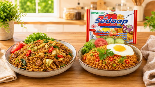 Two plates of fried noodles, one traditional style and one instant topped with a fried egg, next to a packet of Mi Sedaap noodles