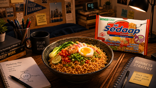 A bowl of prepared instant fried noodles topped with a soft-boiled egg, shrimp, bok choy, and chili slices, set on a student's study desk next to a pack of Mi Sedaap Fried Noodles, notebooks, and textbooks.
