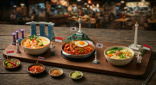 Mi Sedaap Asian Series variety pack featuring Singapore Laksa, Korean Spicy Chicken, and Soto Mie instant ramen noodles arranged like a flavor flight with bowls, chopsticks, and Asian-inspired toppings.