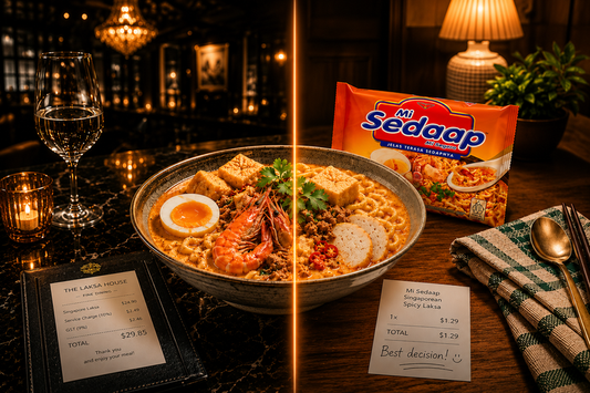 A split comparison ad contrasting an expensive restaurant laksa meal with an affordable Mi Sedaap Singaporean Spicy Laksa pack.